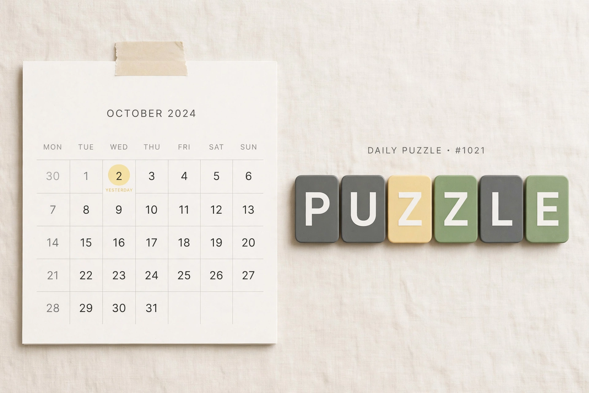 Yesterday's Wordle answer - calendar and letter tiles